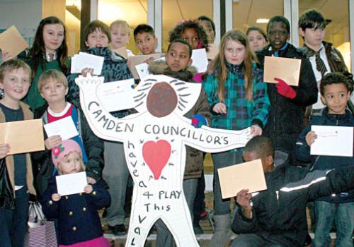 Deputation of young playcentre-goers at the Town Hall and (inset) one of their a