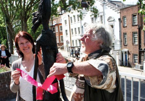 Sculptor Helen Sinclair unveils her Royal Free Hospital piece with Bill Oddie