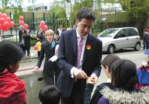 Mr Miliband outside the Laycock Primary School