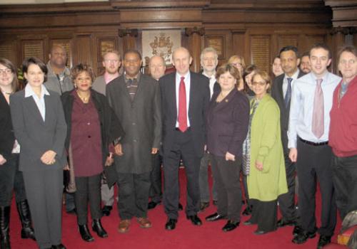 Housing Minister John Healey, centre, at Islington Town Hall 