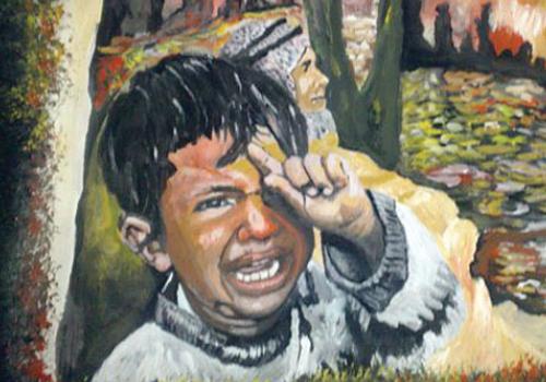 ‘Crying child in front of bombed homes’