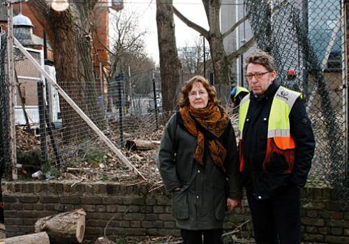 Rose Collison and Councillor Martin Klute outside the ­playground site