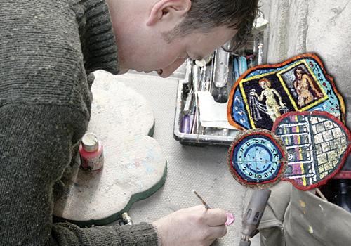 Ben Wilson at work. Inset, a selection of his chewing-gum pieces of art