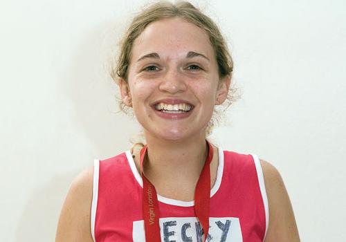 Becky Whitlam with her marathon medal