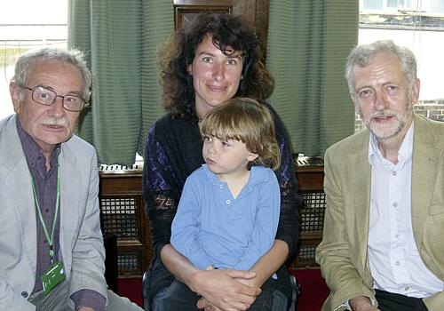 Cllr Phil Kelly with Sheridan Read and her son Lucas, and MP Jeremy Corbyn