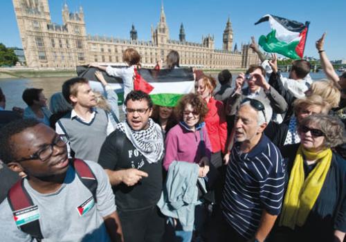 Protesters on board this week with Palestinian flags