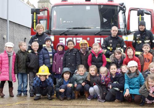 Brookfield School pupils with firefighters 