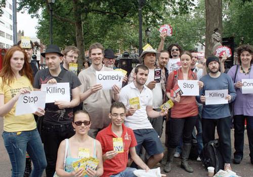 Comics and promoters protest against the flyers ban in Leicester Square