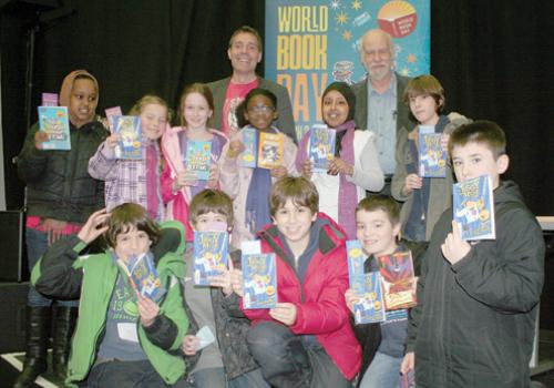 Michael Lawrence and Andy Cope celebrate World Book Day with New End primary sch