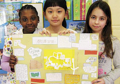 Year 6 pupils: Njomeza Blakcori, Teresa Mendes Missau, and Maggie Law