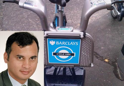 Critic: Murad Qureshi (inset) with a Boris Bike