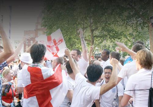 England fans celebrate the national team’s win in Leicester Square.