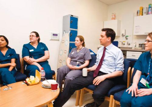 Mr Miliband chats with radiographers.  