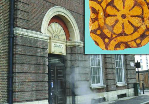 Ironmongers Row baths; inset: the fragment of 14th-century Penn floor tile