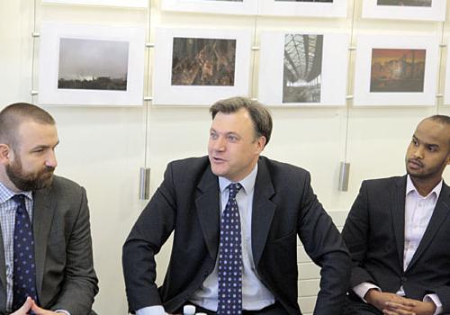 Ed Balls with Labour Town Hall candidates Jonathan Simpson and Awale Olad