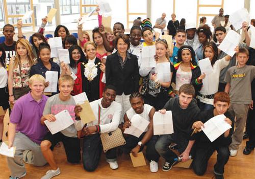 Holloway School students celebrate with headteacher Bob Hamlyn, Mayor Mouna Hami