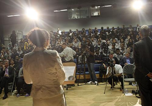 Oona King speaking to pupils at Haverstock School