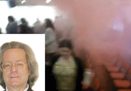 The scene at Foyle’s shortly after a smoke bomb went off. Inset:A.C. Grayling