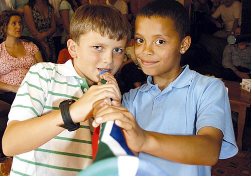 Keiran Harvey, 9, and Kai Steinsson, 10, at the George pub in Haverstock Hill