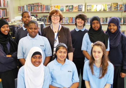 South Camden headteacher Rosemary Leeke with school council members 