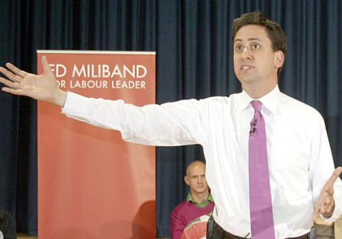 Former pupil Ed Miliband speaking at Haverstock School