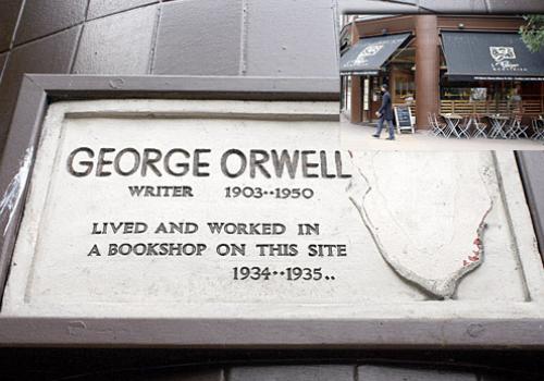 The plaque above Le Pain Quotidien bakery without the image of George Orwell