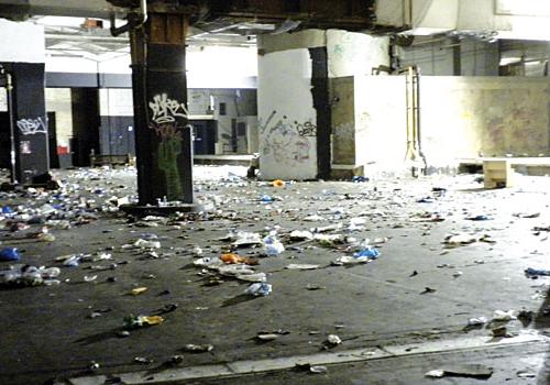 Scene after the weekend rave at the Holborn office block