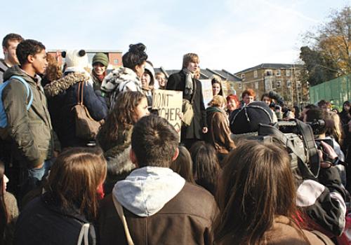 An impromptu open-air meeting for Camden School for Girls