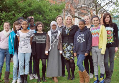 Headteacher Susan Higgins with Parliament Hill pupils