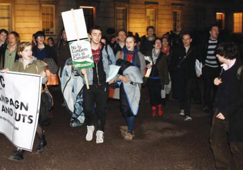 Students leaving the Jeremy Bentham Room on Friday night