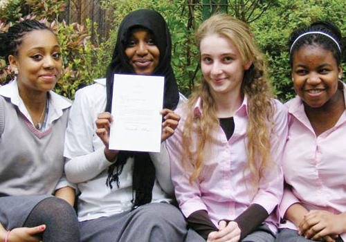 Aisha Predergast, Ikram Noor, Ozlem Atma and Jainaba Bah with Mrs Obama’s congra