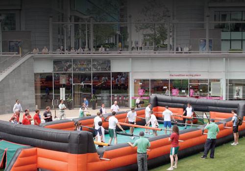 The inflatable  table football pitch in Sheldon Square. 