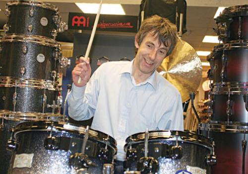 Owner Eddie Chase at the Pro Perc drums shop in Kentish Town Road