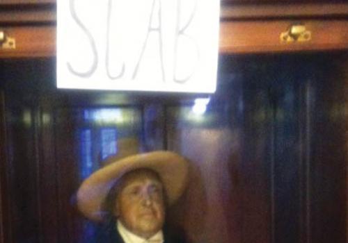 Students placed a ‘scab’ sign above the auto-icon of Jeremy Bentham