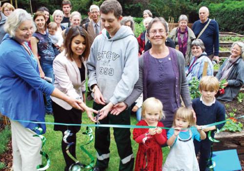 Cllr Tulip Siddiq (second from left) opens the vegetable garden