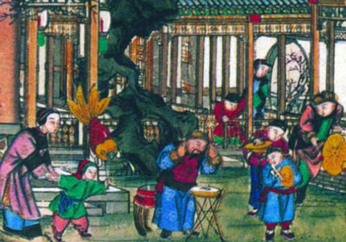 A New Year’s painting Celebrating the Lantern Festival portrays the festive scen