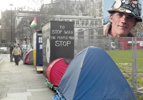 Tents outside the Parliament Square railings, inset: Brian Haw