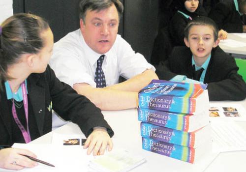 Schools Secretary Ed Balls with pupils Kori and Joshua at Westminster Academy