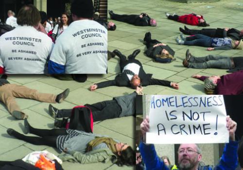 Flashmobs and other protesters at the homeless party