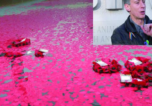 Poppies in the Trafalgar Square fountain. Inset: Peter Tatchell at the anim