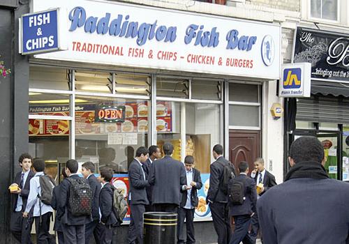 School pupils outside Paddington Fish Bar