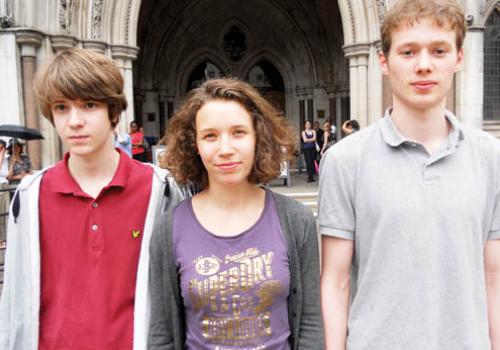 Sam Eaton, and Rosie and Adam Castle, at the High Court