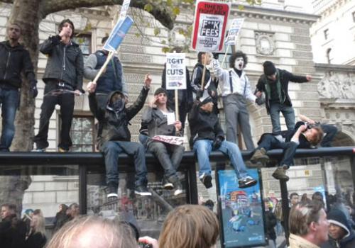 Anti-fees protests hit the streets: student demonstrators massed in Whitehall 